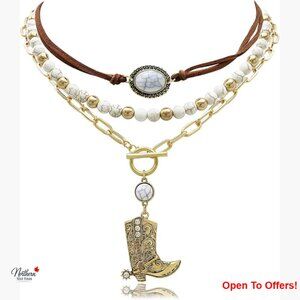 Layered Western Cowgirl Necklace Set with Faux Leather Choker